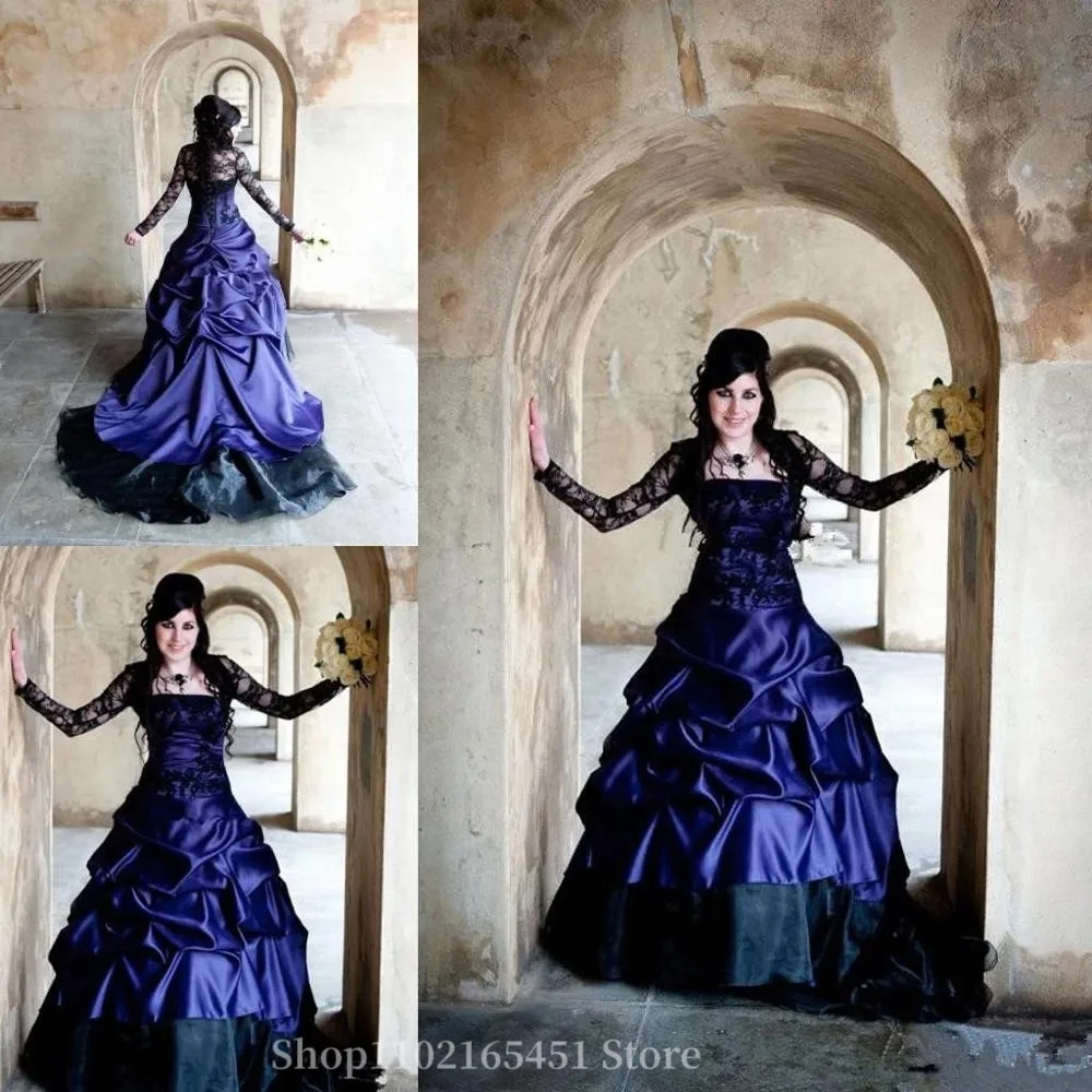 Victorian Wedding Dresses Purple and Black Gothic Plus Size Long Sleeve Ruffles Satin  Corset Back Lace Bridal Gowns Vintage