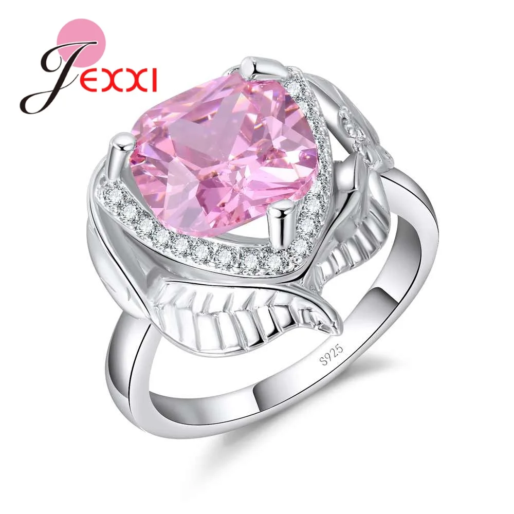 Wholesale Princess Cut Pink Austrian Crystal Party Rings For Ladies 925 Sterling Silver Anniversary Engagement Women Ring