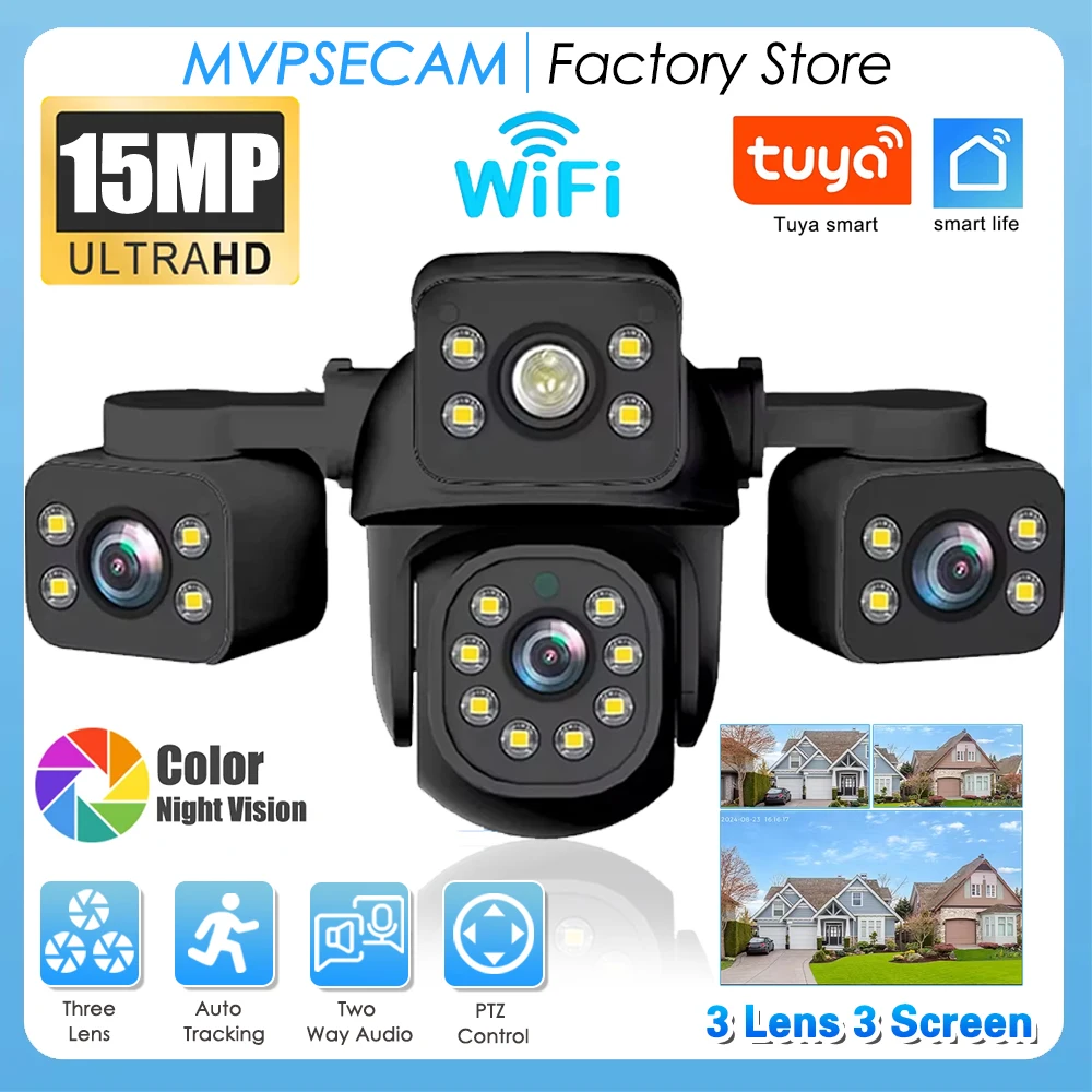 Kamera IP 15MP HD WIFI Kolorowy Tryb Nocny Trzy Ekran Trzy Obiektywy Automatyczne Śledzenie IP66 Wodoodporna CCTV Bezpieczeństwo Wideo Tuya Smart