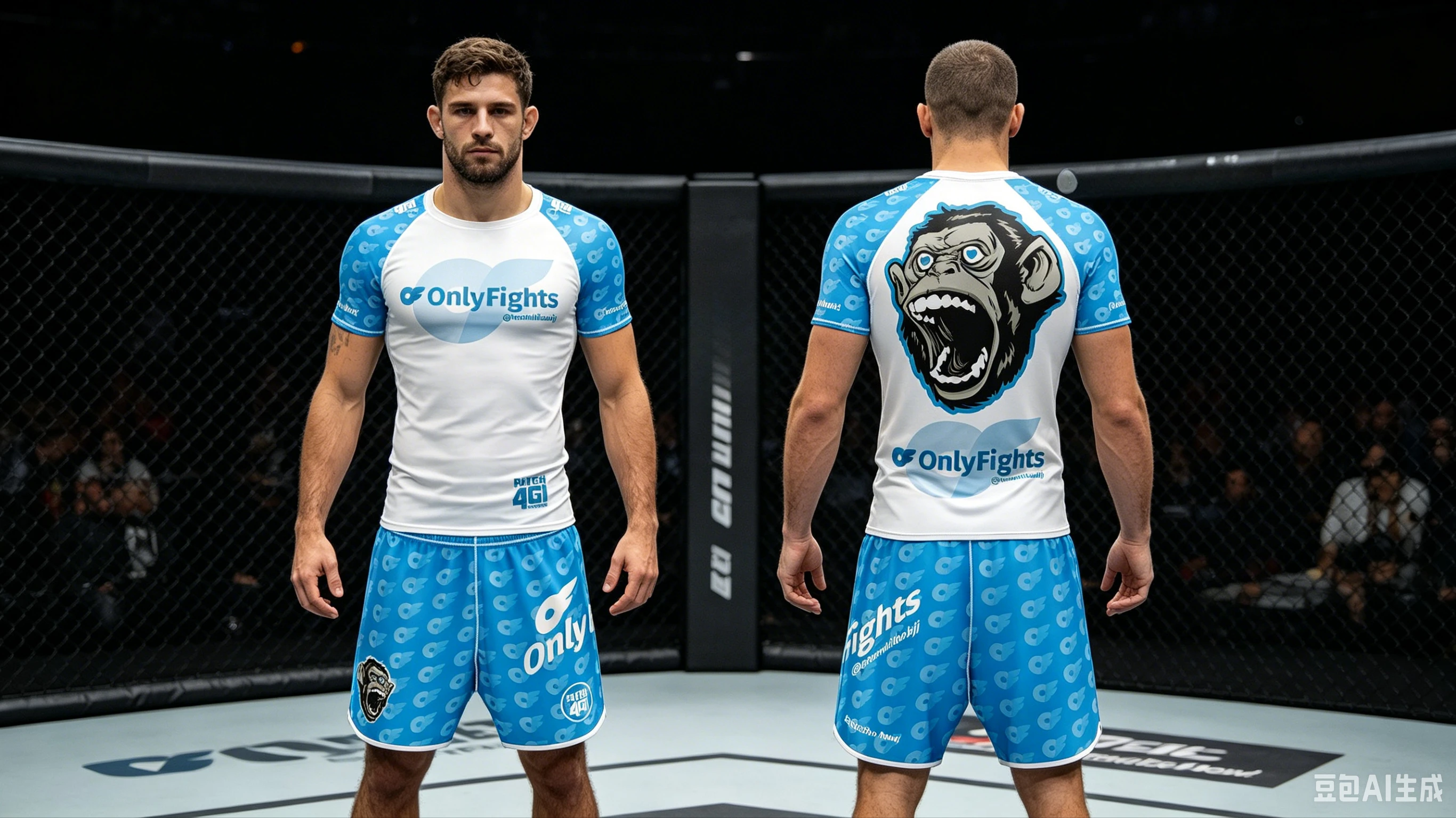 Nouvel ensemble de combat MMA été 2026 : Rashguard et short de compression bleu/blanc pour homme avec imprimé graphique Gorilla, également disponible pour enfant