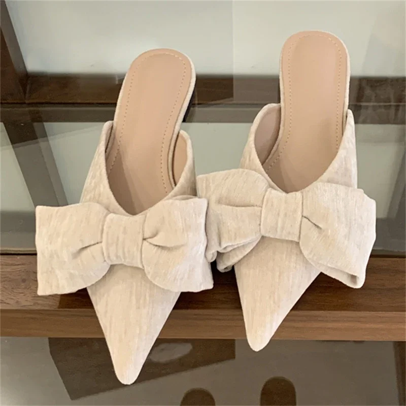 

Women's Pointed Toe Textured Fabric Large Bow Decor Closed Toe Slip on Flat Mules Casual Daily Office Footwear Drop Shipping