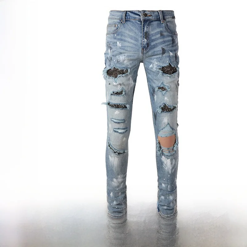 High Street Sle Diamond Embellied Stretchy Skinny Jeans Gescheurde denim Hoge taille lange broek Jeugdige trendy vrijetijdskleding