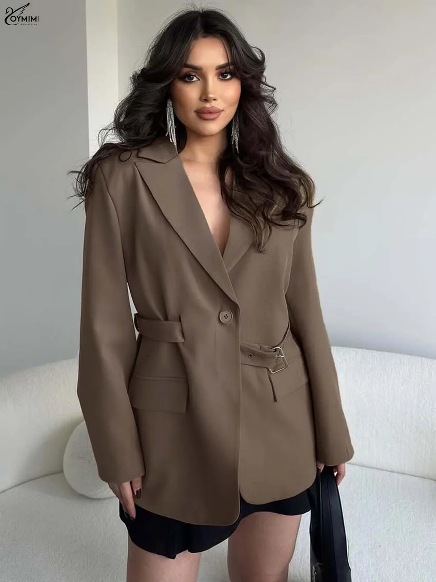 Oymimi Elegant Brown Lapel Woman Blouses Fashion Long Sleeve Single Button Pockets Blouses Autumn New Solid Sashes Shirts Female