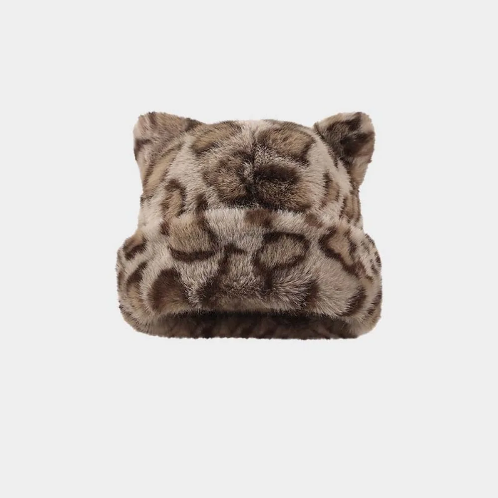 Versatile Imitation Mink Fur Leopard Ear Beanie Korean Style Soft Brimless Beanie Cap All-match Elastic Pullover Cap Winter