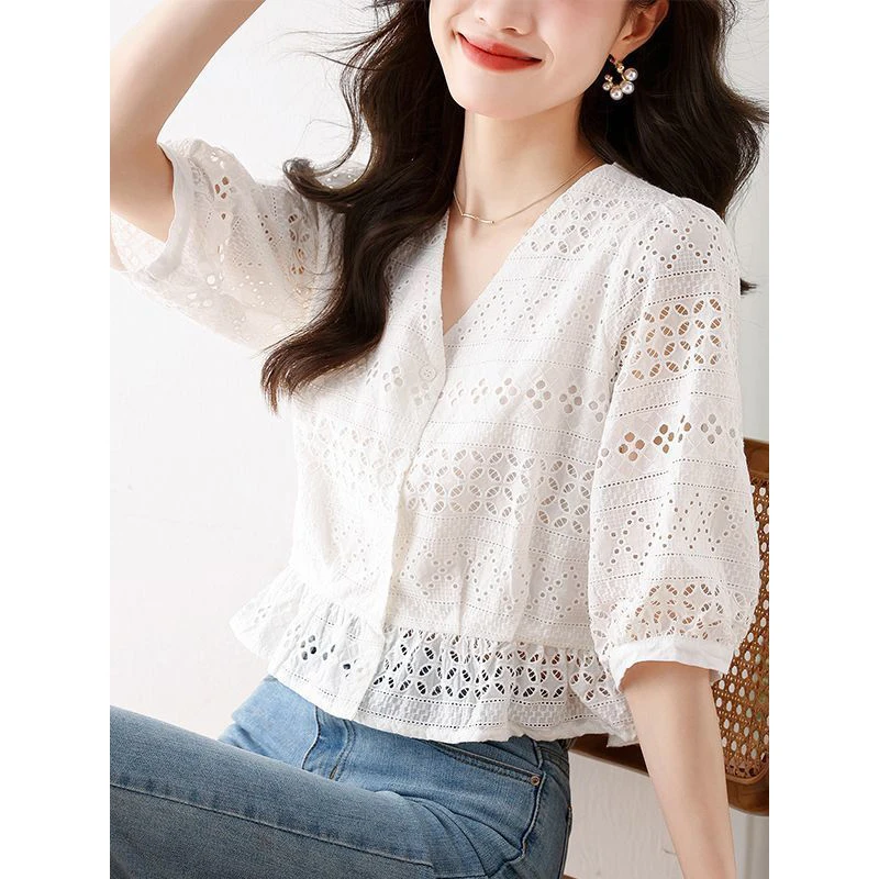 New Women Hollow Lace Embroidery White Elegant Cotton Shirts Summer Trendy Ruffle V Neck Slim Chic Blouses Blusa Mujer Moda 2023