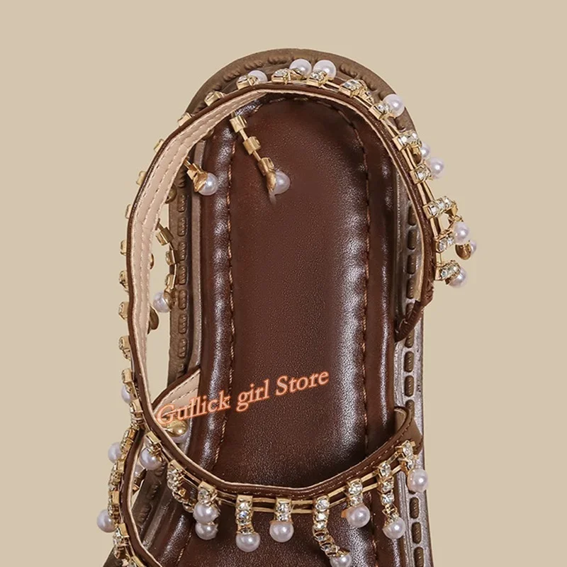 Sandals Slingback Crystal Brown Leather Flat With Open Toe Runway 2026 Summer Women Dress Shoes Handmade New Arrivals