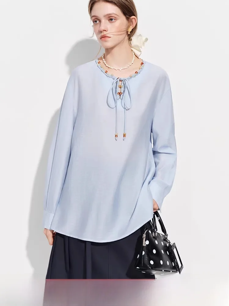 

Vivien Linen Beaded Commuter irt Loose Fit Long Sve round Ne Spring 2026 New Arrival Ele Office Top
