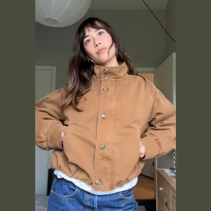 سترة قصيرة بنية عتيقة برقبة واقفة وأكمام طويلة ضيقة معطف خريفي واحد الصدر ملابس أساسية عالية الشارع #2