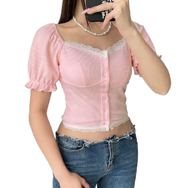 

Pink T-Shirt Women Cute Tops Tee for Sweet Girls Puff Sleeve Lace Trim Square Collar Single Breasted Short TShirt Kawaii Clothes