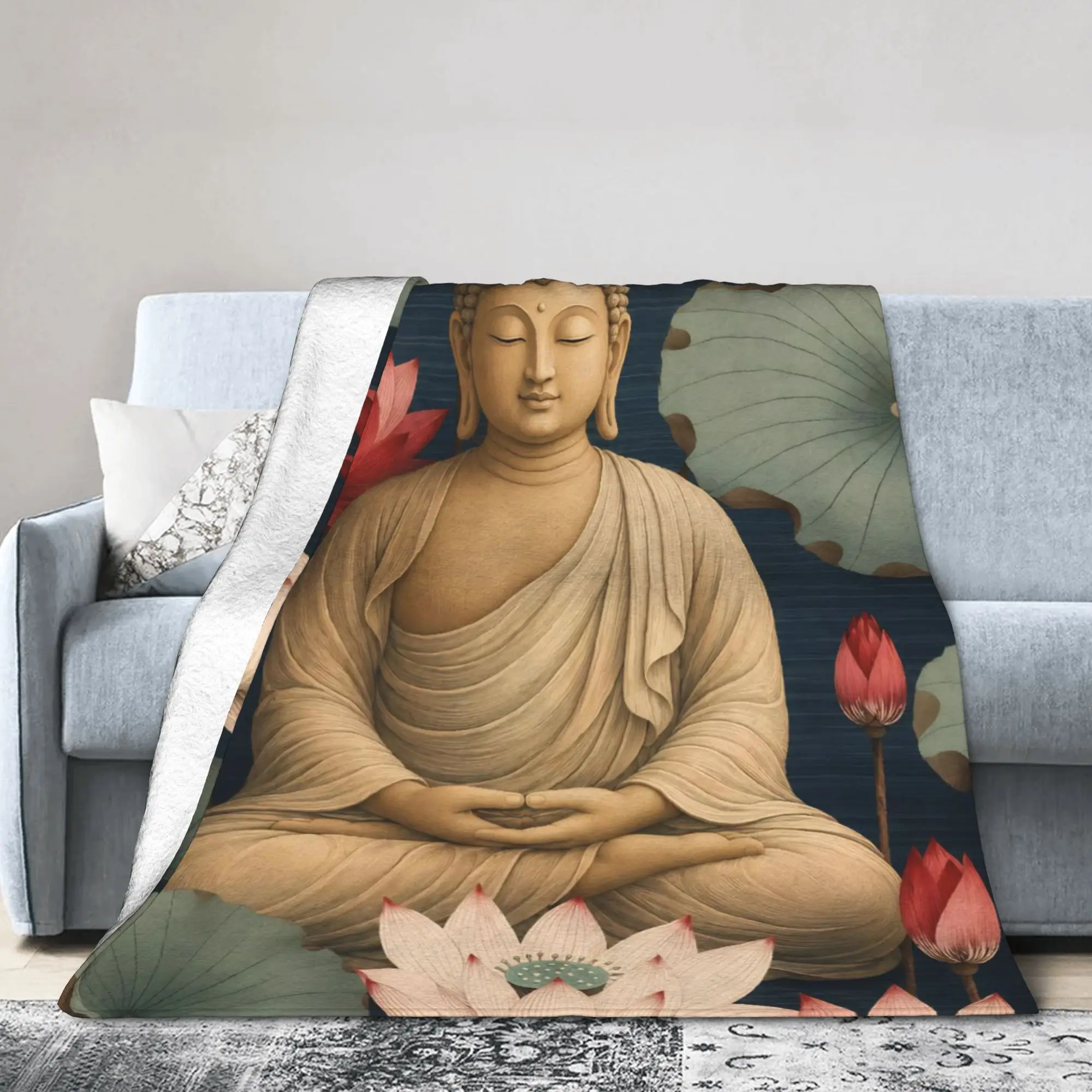 Buddha Lotus Zen Bodhisattva Knitted Blanket Flannel Y2K Harajuku Warm Throw Blanket for Bed Bedroom Quilt