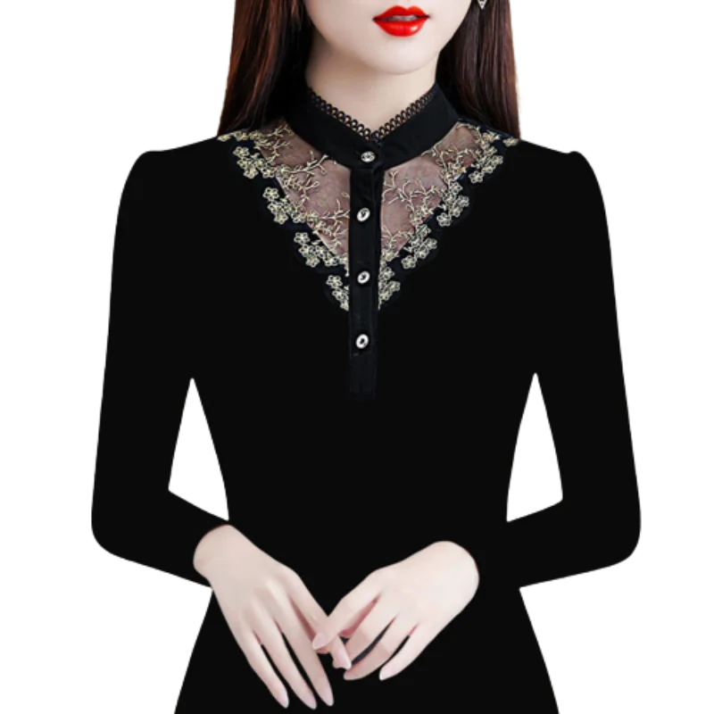 Fashion Woman Blouses 2023 Thick Stand Collar Long Sleeve Slim Office Lady Commuter Casual All-match Solid Color Lace Pullovers