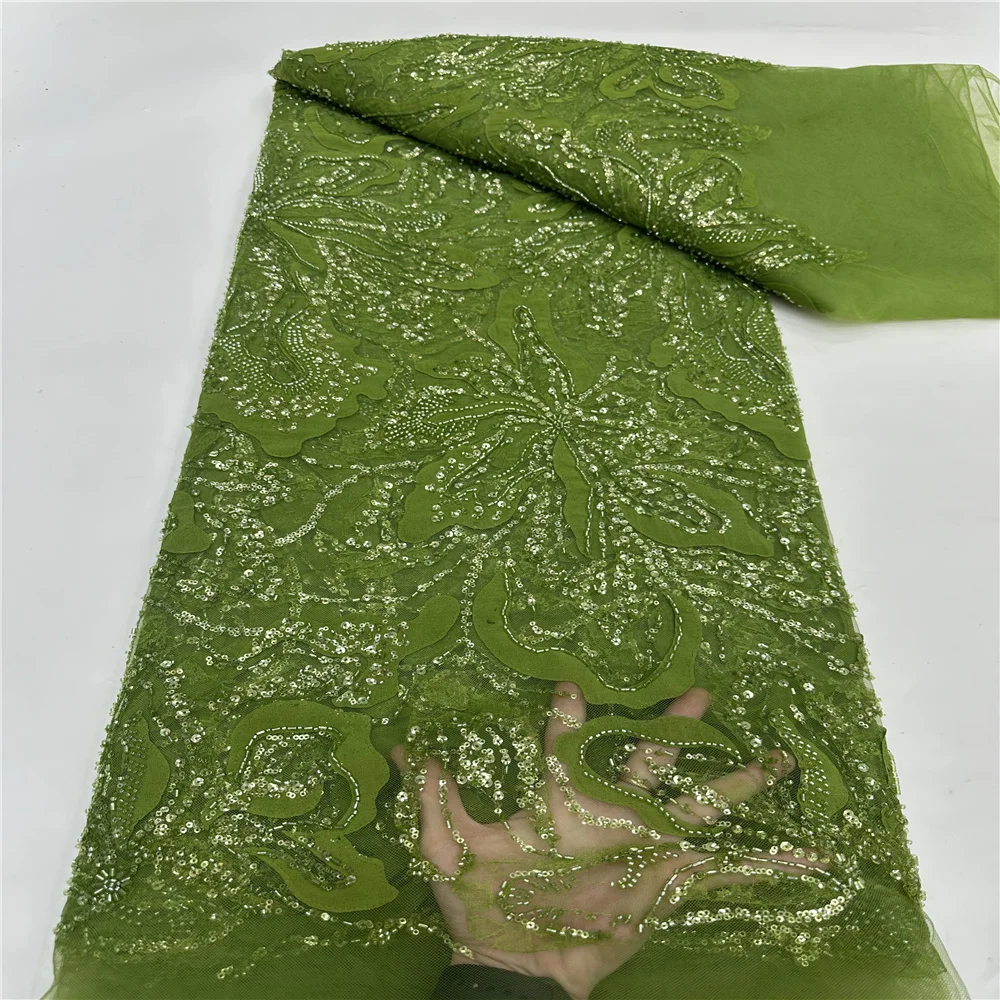 African Lace Fabric 2025 High Quality French Sequins Embroidery Beads Tulle Lace Fabric For Wedding Party Dress Sewing