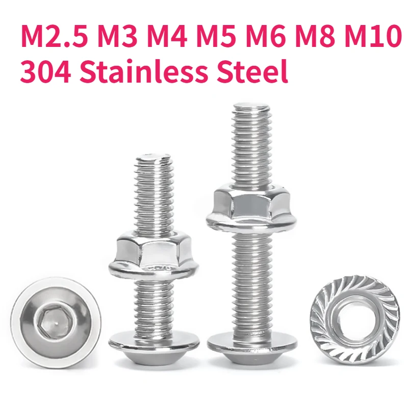 ชุดน็อตหกเหลี่ยมหัวกลมพร้อมแหวนรองและแหวนล็อค  ขนาด M2.5 - M10  ทำจากสแตนเลส 304 เกรด A2