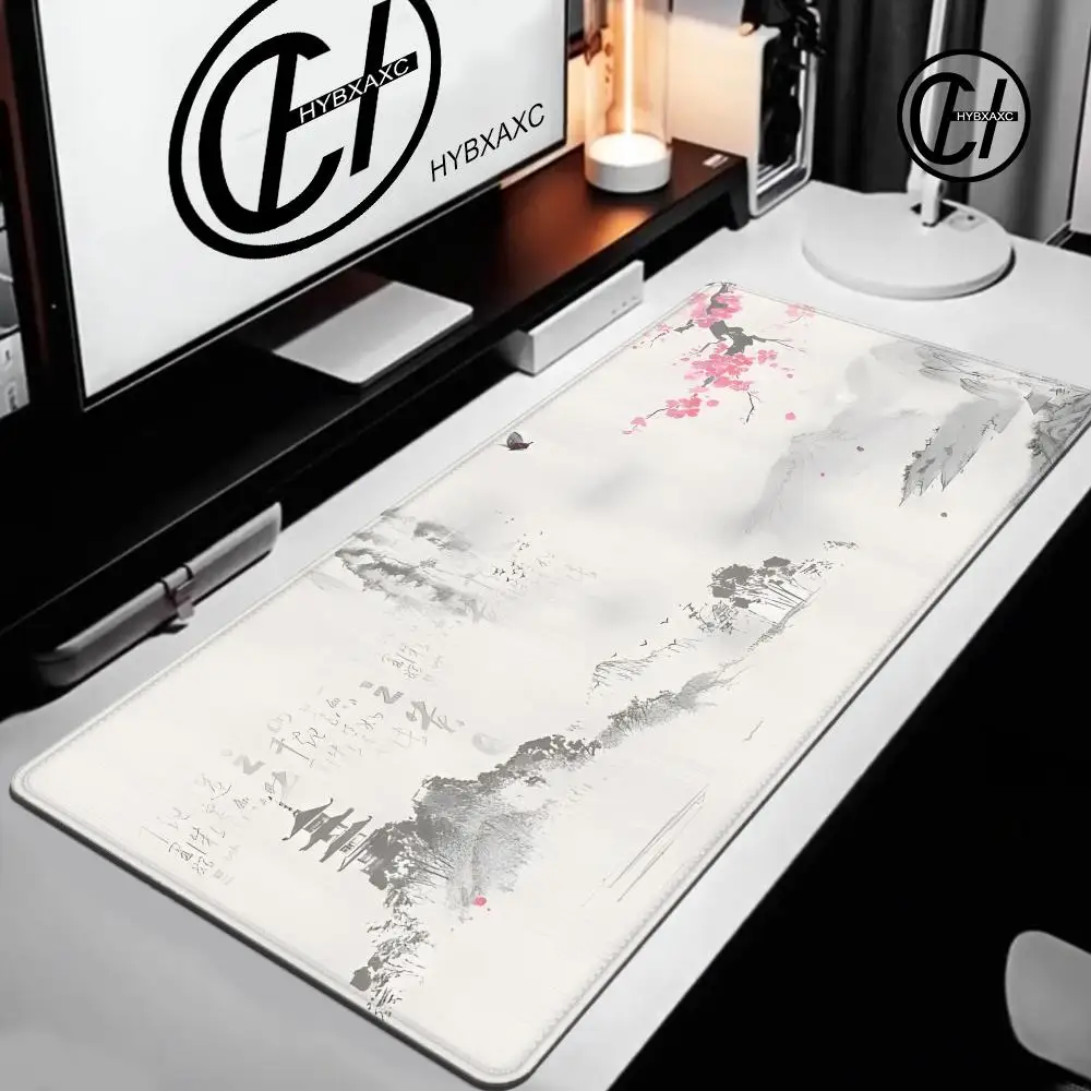 

Коврик для мыши с рисунком в стиле тушью «Цветущая вишня», игровой, XL, для дома, новый, XXL, для механической клавиатуры, из натурального каучука, нескользящий, HYBXAXC