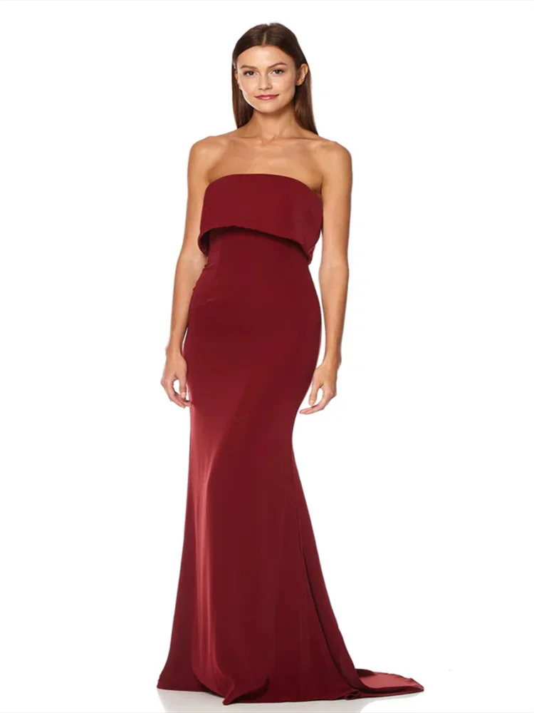 New Arrival Strapless Neckline Satin Mermaid Evening Dress Open Back Zipper Floor Length High Slit Fishtail Train Gown For Women