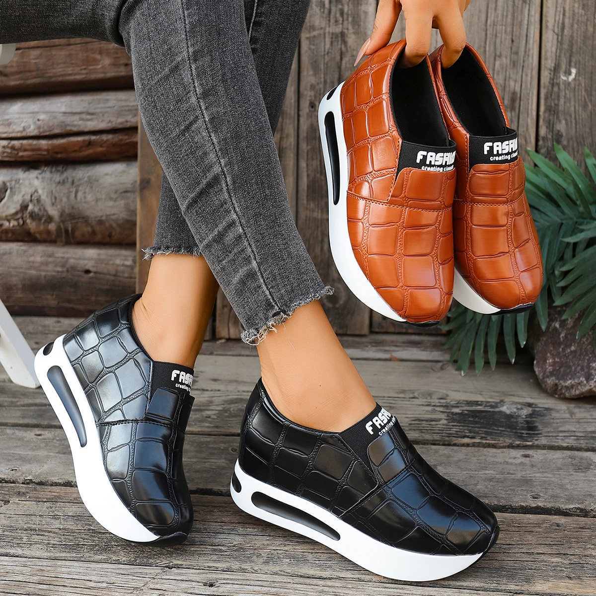 Women Comfort Croc Pattern Slip On Wedge Platform Sneakers Air Cushion Daily Casual Shoes