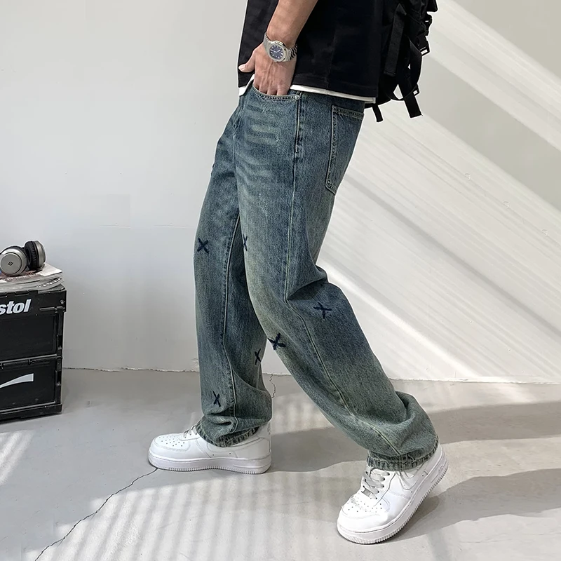 Embroidered Straight Jeans Men's Hip Hop Style High Street Fashion Brand Retro Blue Youth Loose Leisure All-Matching Trousers