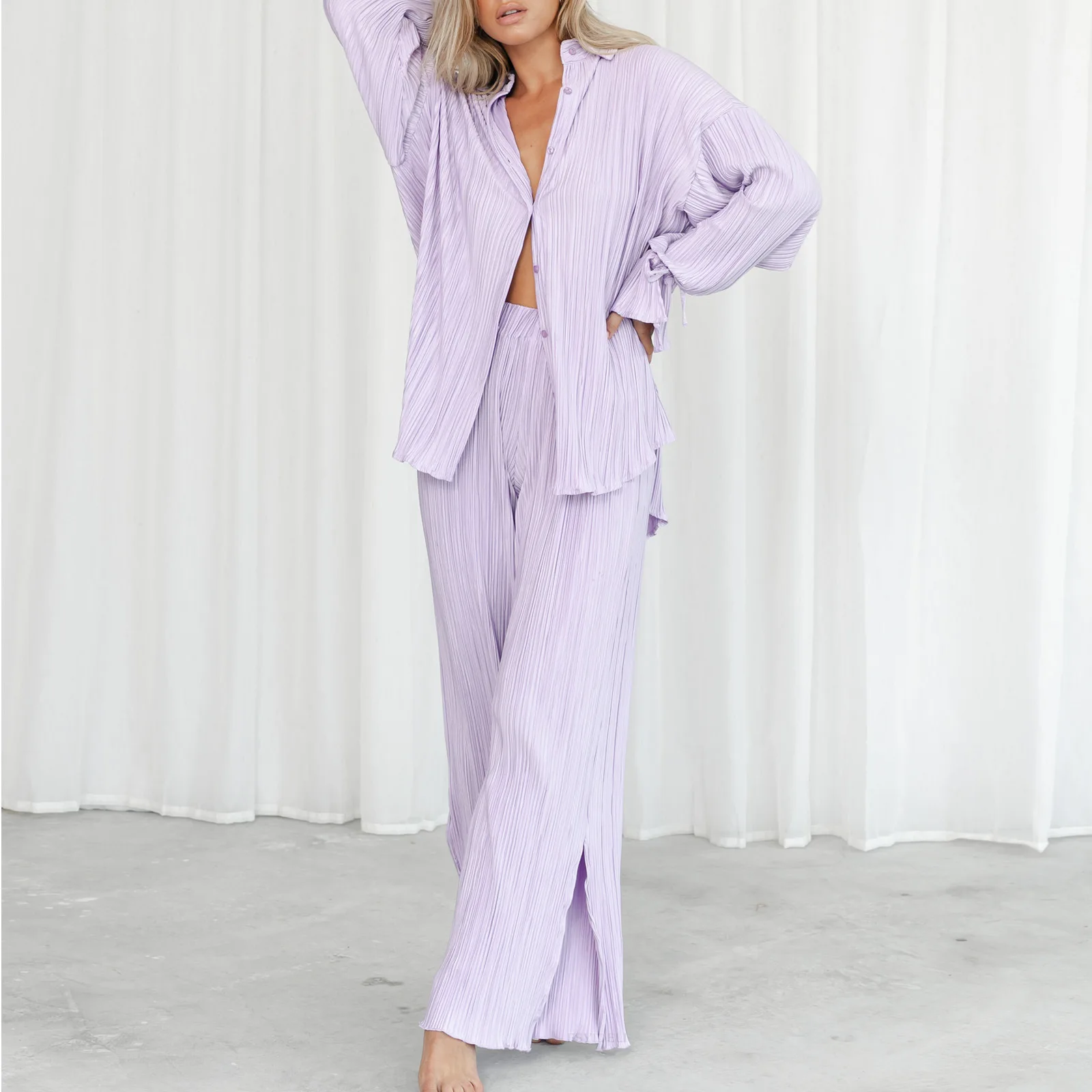 Women\'s Home Pajamas Set New Fashion Slit Pajamas Pleated Shirt Set Solid Color Casual Top Long Sleeve Pants Set