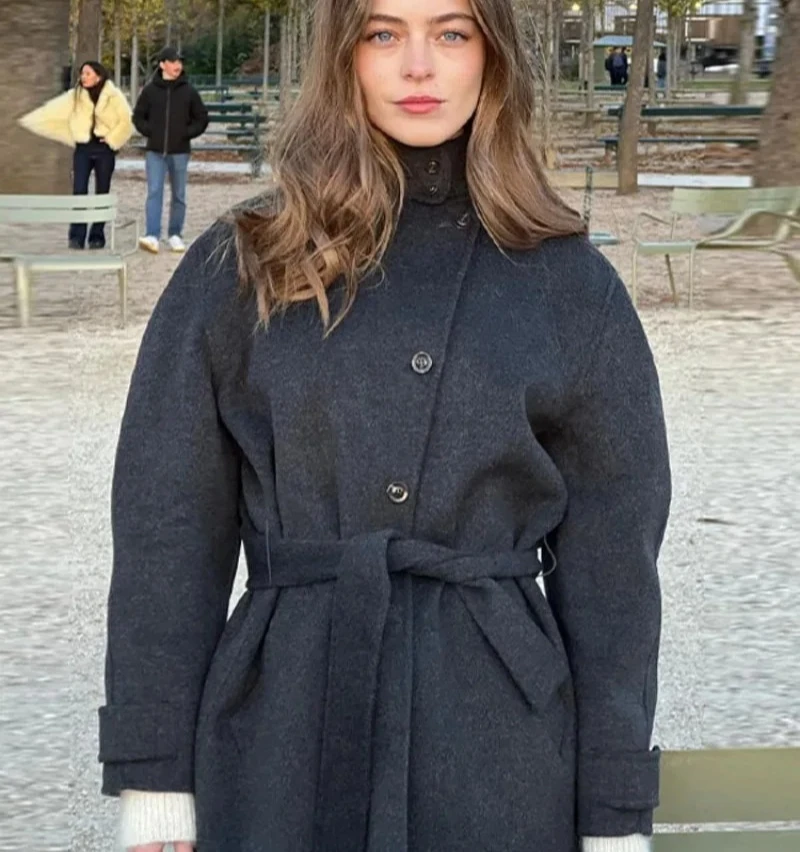 

Chic Black Lace Up Woolen Coats Women Loose Stand Collar Single Breasted Full Sleeve Coat 2025 Autumn Winter Lady Streetwear