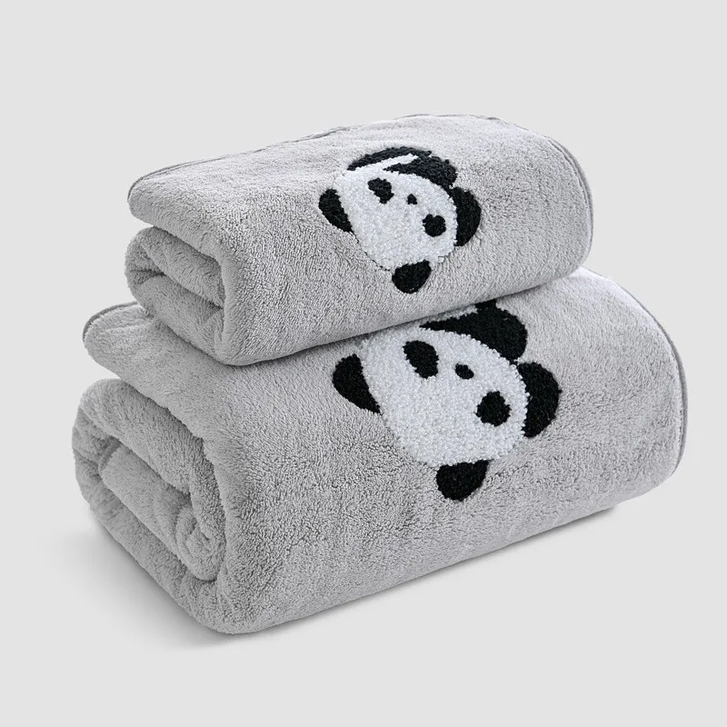 Cartoon Family Shower Towels, Panda Style, Coral Fleece, Absorbent, Hanging, Hand, Hair, Face, Bath Towel Set, Bathroom, 2Pcs