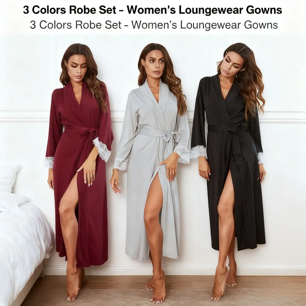 

Women's Long-Sleeve Robe Lace Panel Design Tie Waist Long Version Loungewear Attribute for Pre-Sleep Unwinding & Home Relaxation