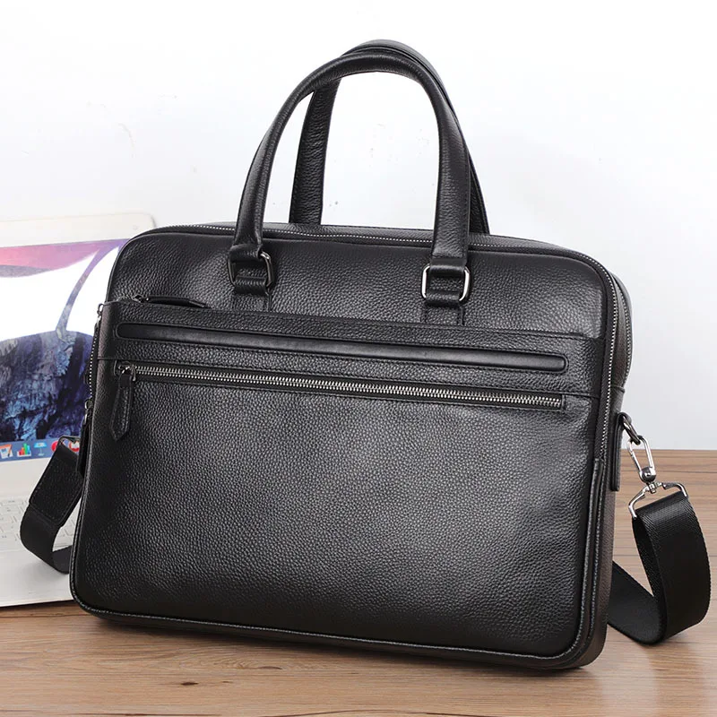 Men's Large Capacity Leather Briefcase, Genuine Cowhide Tote Bag with Double Zippers, Multi-Compartment Laptop Messenger Bag