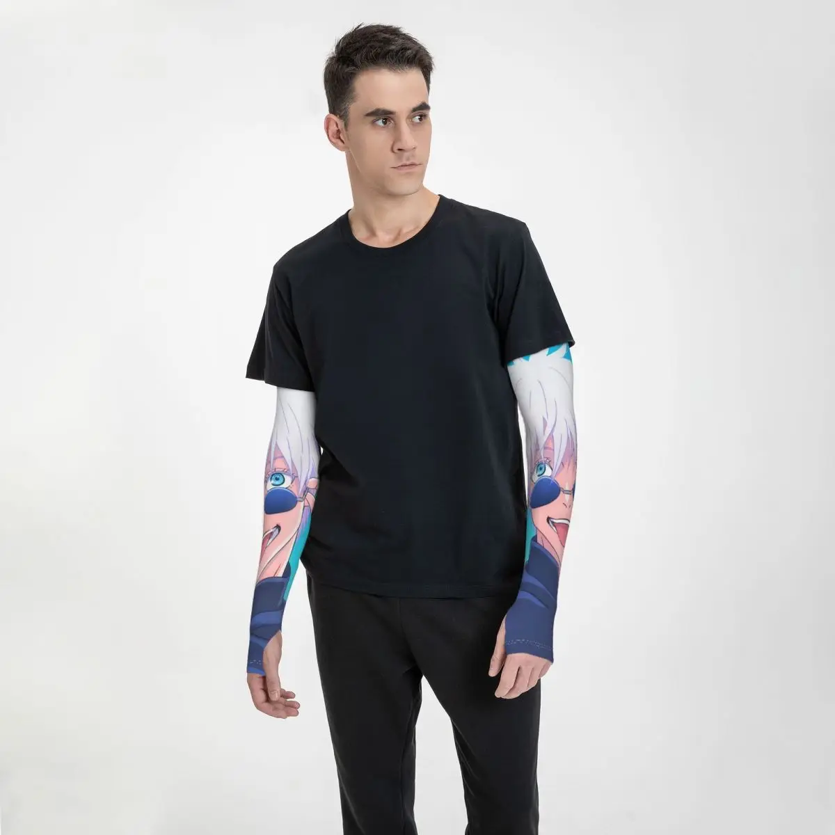 بارد Jujutsu Kaisen Gojo Satoru في الهواء الطلق أكمام أذرع تبريد الشمس الأشعة فوق البنفسجية غطاء للحماية الصيف الحرير الجليد الدراجات أكمام الوشم #3