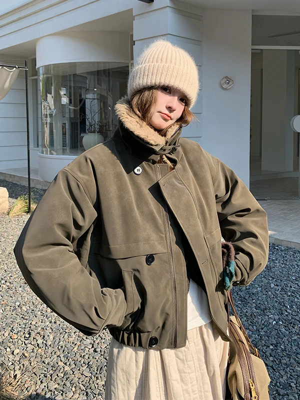 

Lamb Fur Collar Parka Cotton Jaet Women's ort Thiened Cotton Coat Outerwear Korean Sle Loose Fit Long Sve Zipper