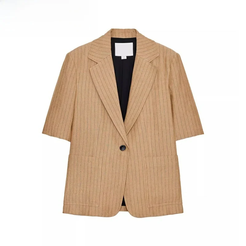 

Summer New Women's Striped Linen Blend Suit Jaet Mid-Waist Casual Pleated Pants Commute Sle ort Sve One Button
