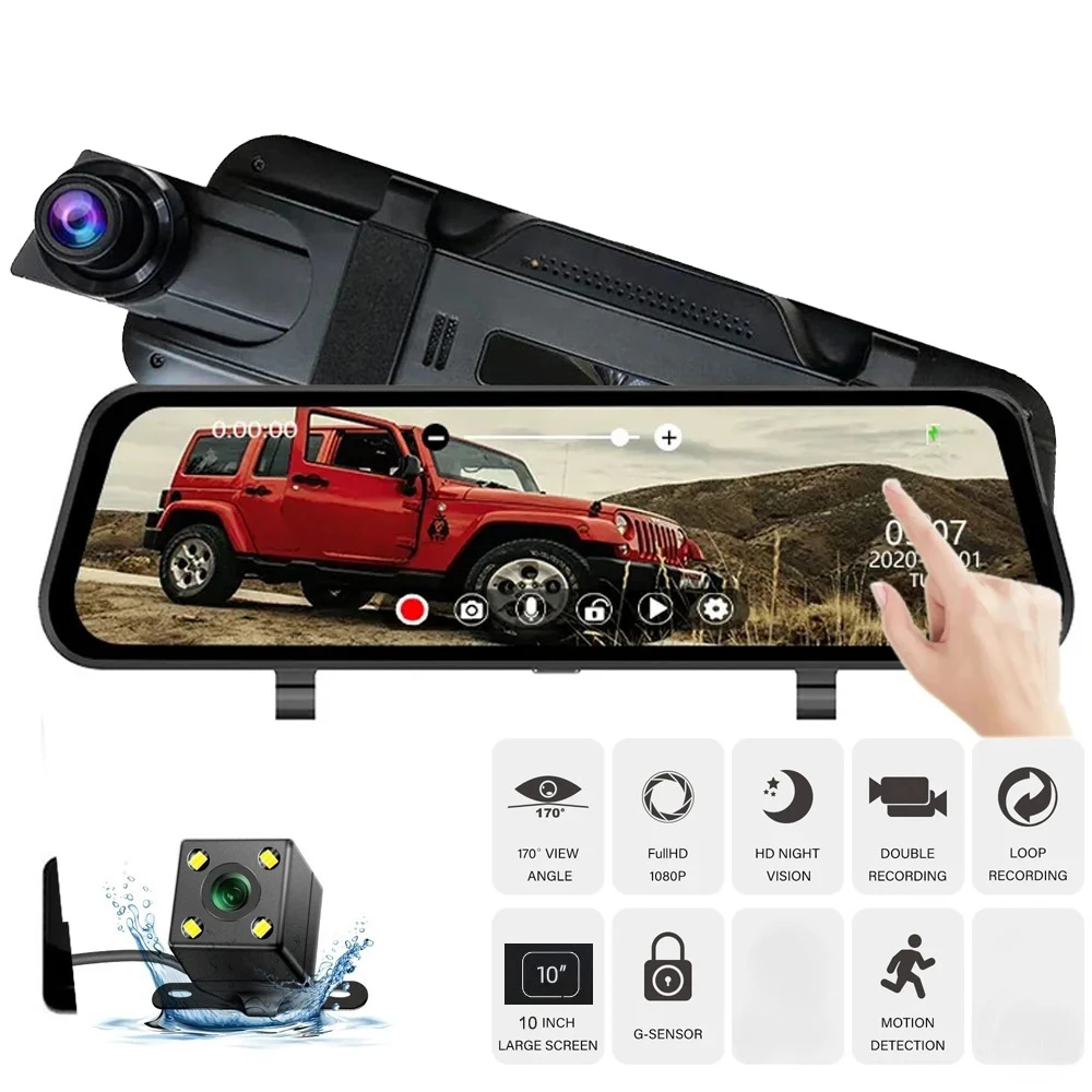 

Dash Car Camera Black Box Night Vision Cam 10 Inch Dashcam Full HD 1080P Dvr 170° Viewing Angle Picture Display Dual Camera