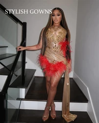 Gold Short Luxury Prom Dress For Black Girls 2024 Beaded Rhinestone Birthday Party Dresses Red Feathers Mini Cocktail Homecoming