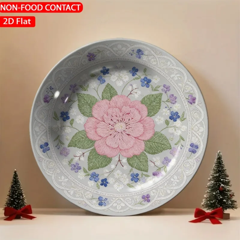 1pc Retro Floral Circle Pink Ceramic Plate Non-Food Contact, Home Desk Ornaments, Living Room And Bedroom Decorations, Suitable