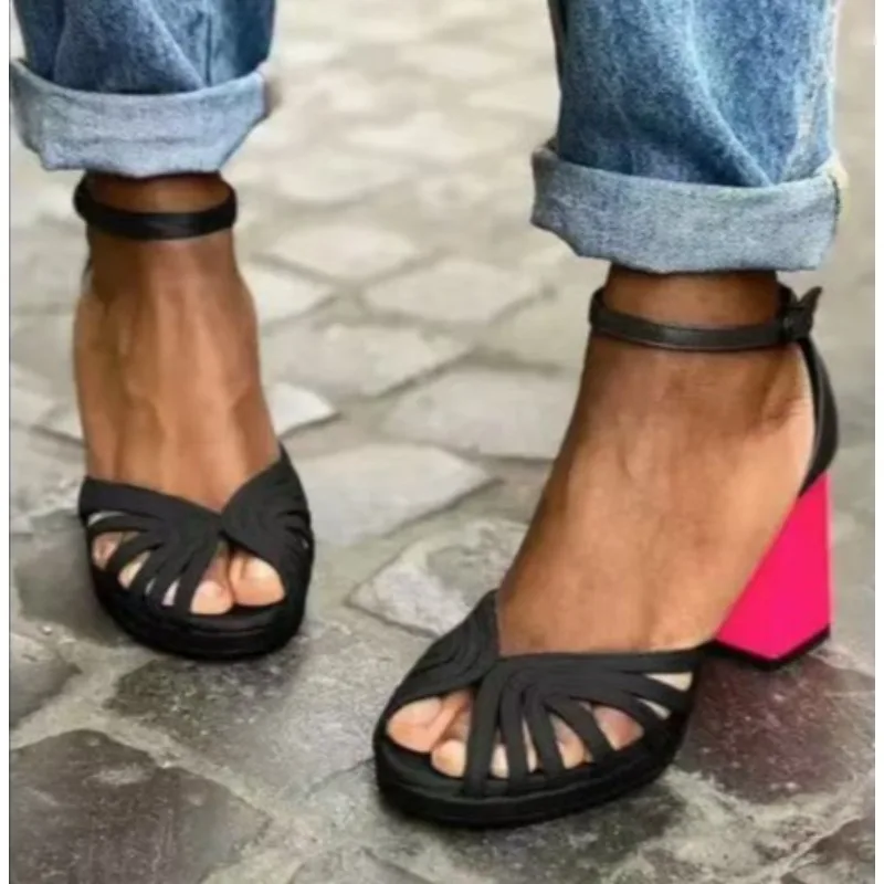 New Summer Sandals Women's High Heel Shoes Summer Trend Black Red Sexy Peep Toe Sandals Fashion Thick Heel Women High Heels