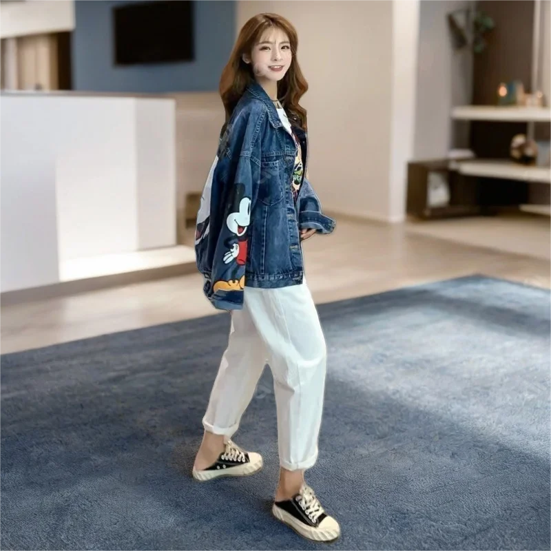 

Boutique Cartoon Clothing Mickey Printed Denim Jacket Women Spring And Autumn Loose Large Size Jacket Cartoon Casual loose Top