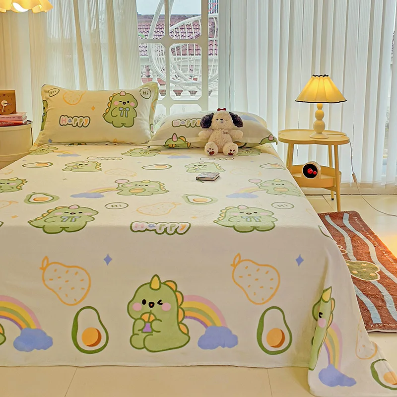 Cartoon Dinosaur Milk Velvet Bed Sheet Set, Rainbow Pattern Soft Thickened Bed Cover, Children's Winter Bedroom Warm Flat Sheet