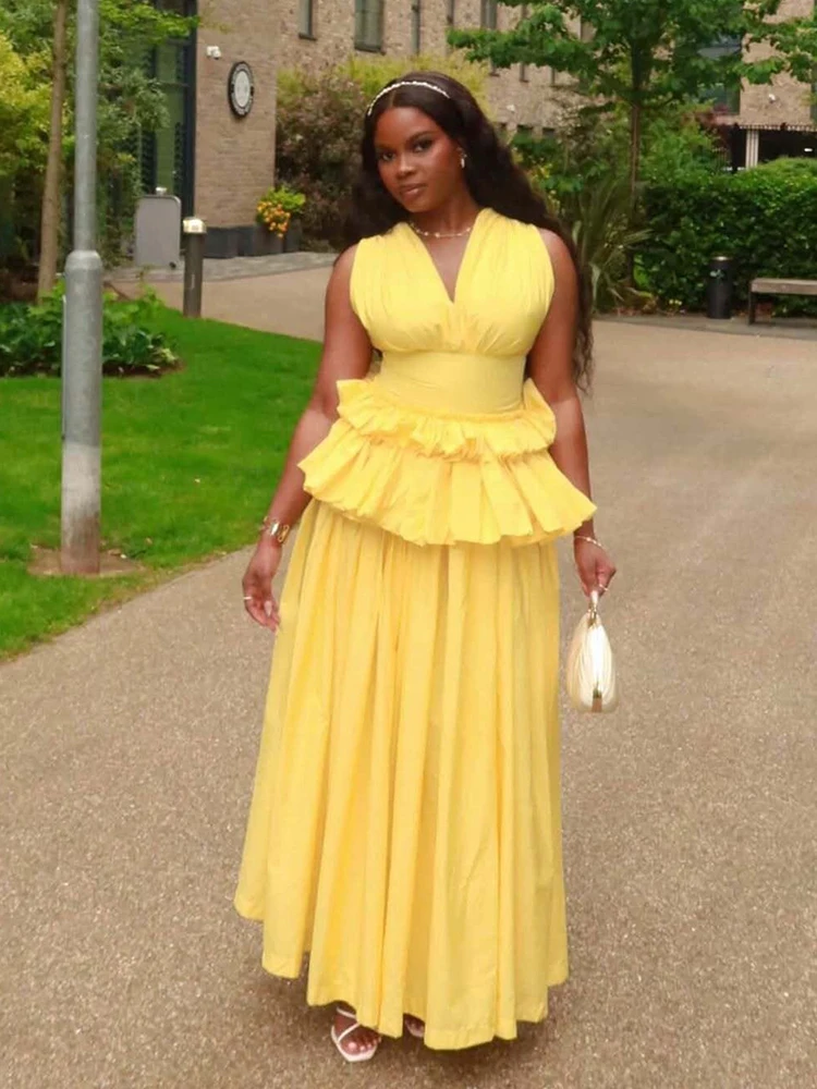 Dopamine Dressing Yellow Two Piece Set Women Summer Vacation Outfit Sleeveless Ruffle Top and Flowy Maxi Skirt Casual Chic Wear