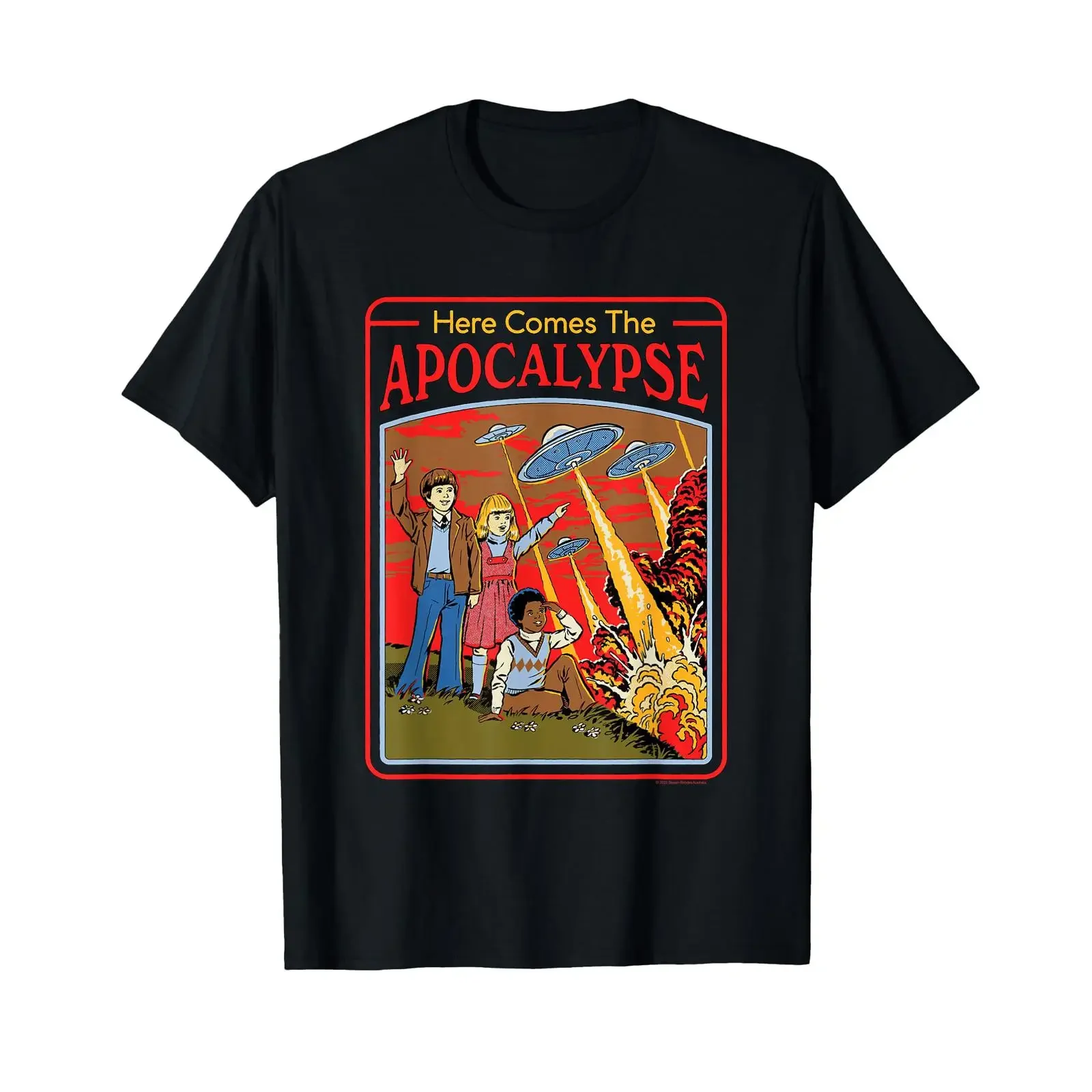 Steven Rhodes Here Comes The UFO Apocalypse Retro Dark Humor T Shirt vintage Washed Stylish Breathable Comfortable Casual