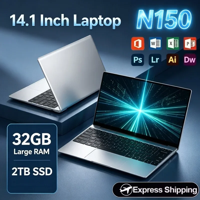 14.1 Inch Ultra‑Thin HD Laptop Windows 11 Intel N150 32GB RAM 2TB SSD Portable Notebook PC For Online Course Business Office