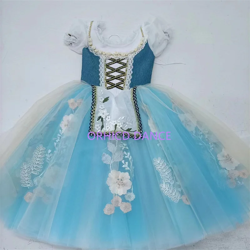 High Quality Custom Size Kids Girls Women Adults Peasant Gilsay Ballet Dance Performance Wear Long Blue Romantic Tutu Costumes