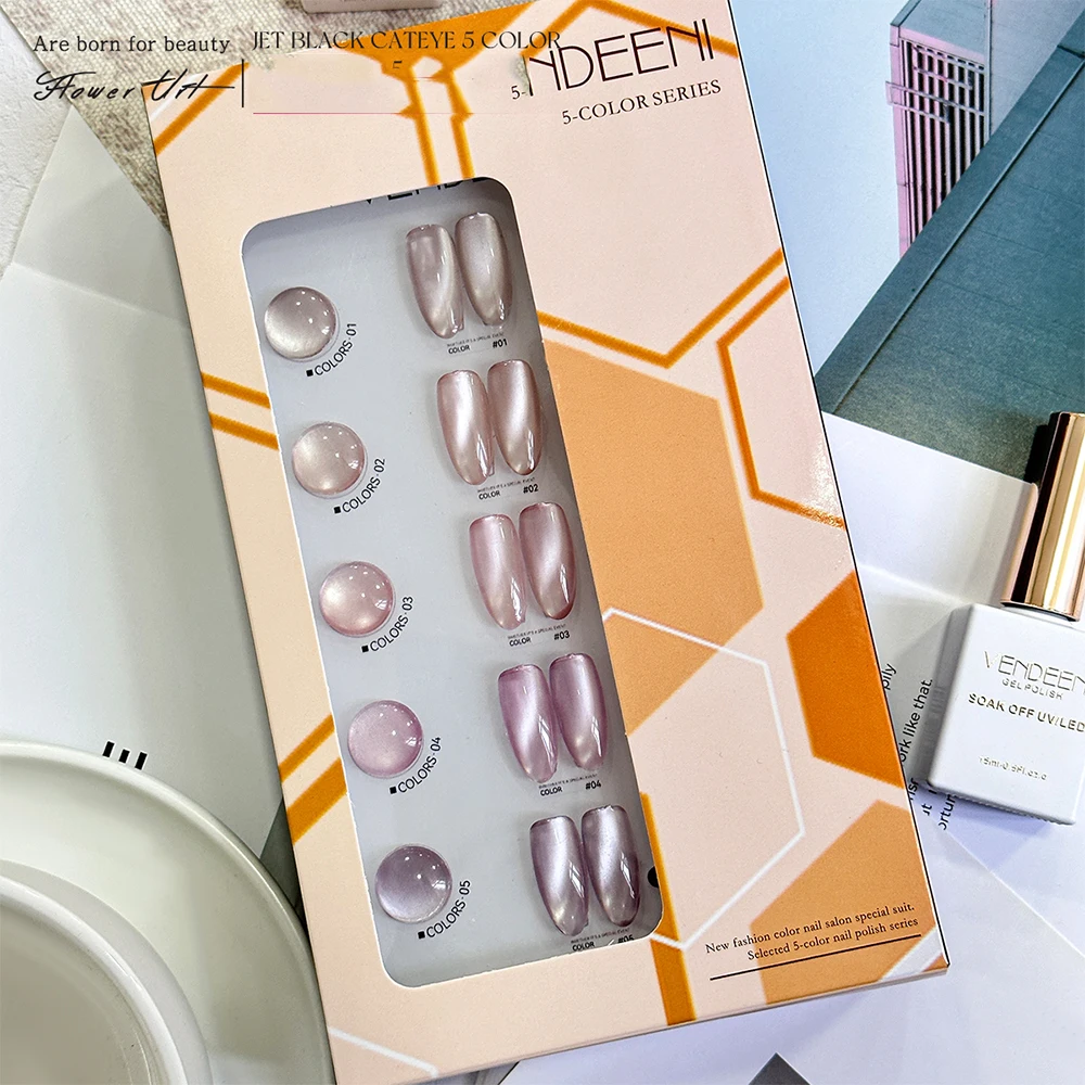 Vendeeni 5 Kleuren/set Roze Naakt Kristal Cat Eye Gel Nagellak UV LED Manicure Jelly Gel Magnetische Nagellak met Kleurenkaart