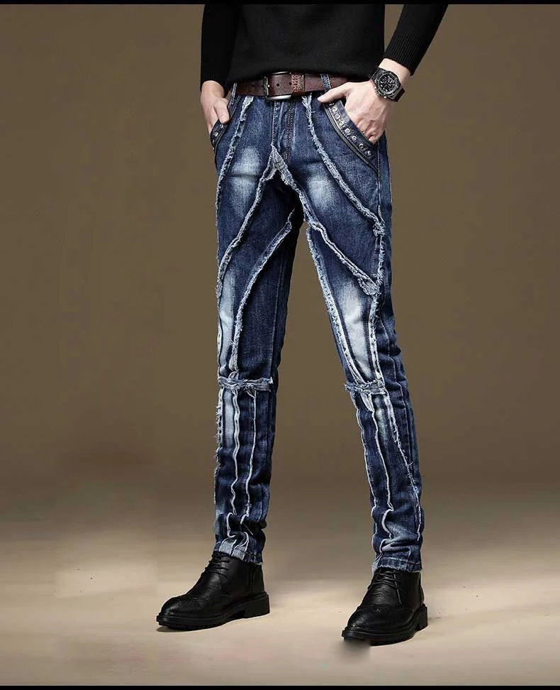 High Quality Men’s Slim-fit No Stretch Blue Jeans,Light Luxury Edge Frayed Decors Sexy Jeans,Stylish Street Fashion Jeans;