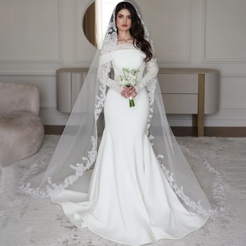 Fashion Mermaid Wedding Dresses O Neck Long Sleeve Satin Bride Dress for Women Vestido De Novia Garden Bridal Gown Customized