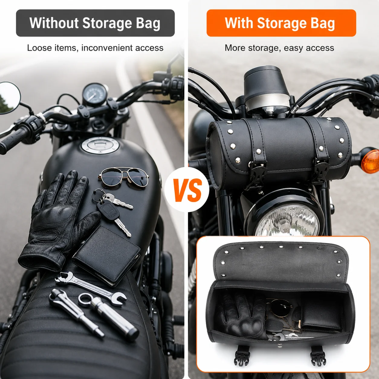 Motorrad-Gabeltasche Leder-Werkzeugtasche Universelle Vordergabel-Satteltasche Fahrzubehör Wasserfeste Aufbewahrungstasche – Detail 2