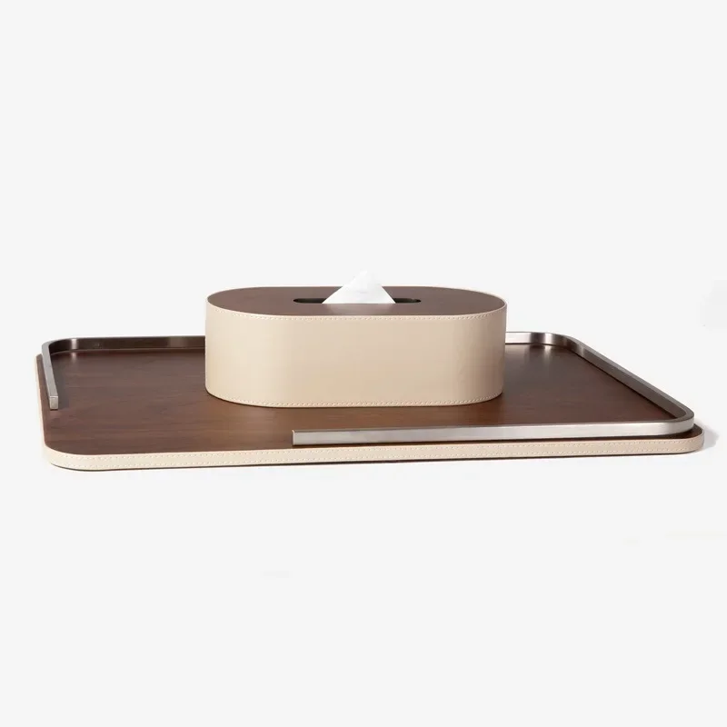 Simple modern light luxury walnut leather tray tissue box ornament