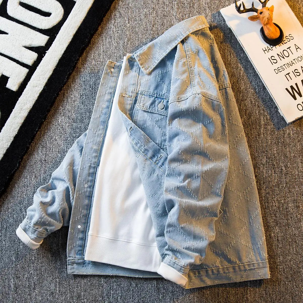 

Plaid Denim Jaet Men's Loose Spring Autumn Hong Kong Sle Trendy High End Haome Men's Casual Jaet ort Sve V Ne