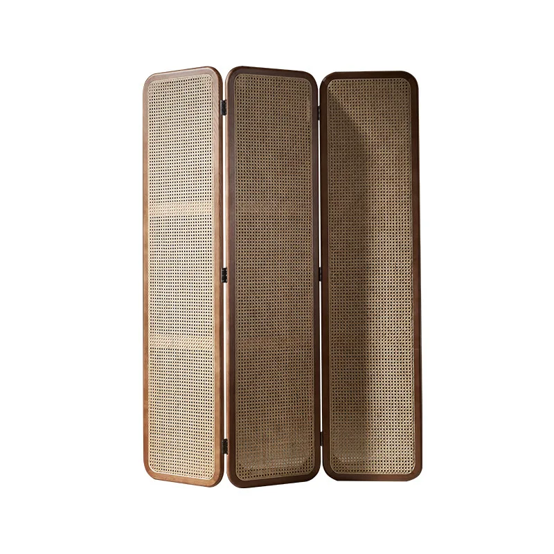 

Retro solid wood rattan screen creative folding screen living room entrance porch movable seat screen entry door blocking foldin