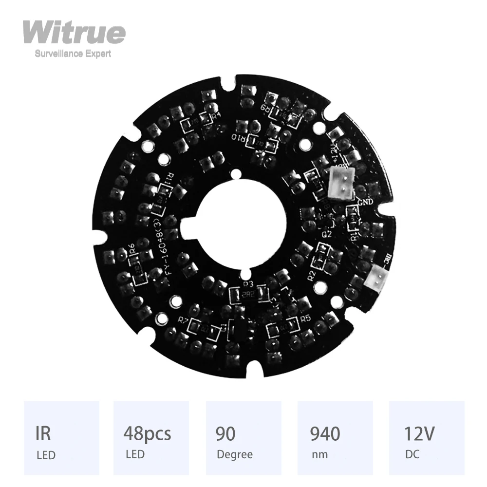 Witrue 940nm Infrared Board Invisible Light 48pcs IR LED 90 Degree for Surveillance CCTV Cameras Night Vision Accessories