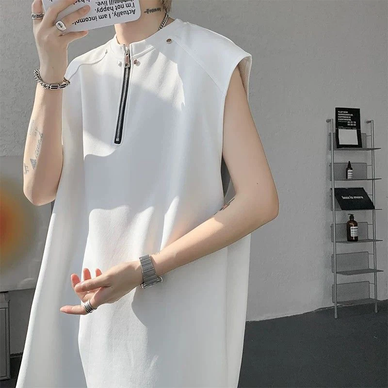 Men's American Style Half-Zip Sleeveless Tank Top Summer Streetwear Casual Loose Heavyweight T-Shirt Sports Workout Gym Tops