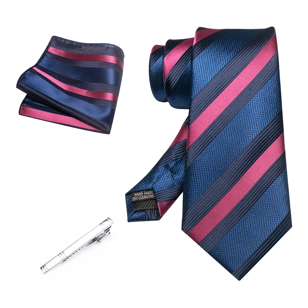 Herren Marineblau Krawatte Rot-Grün Gestreiftes Krawattenset Glänzender Clip Hochwertiges Einstecktuch für Business-Anzüge Anlässe Hochzeit Party – Detail 14