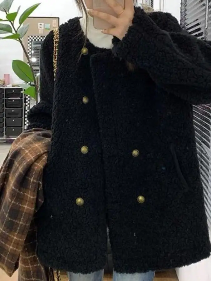 

Женское утепленное короткое пальто из овечьего вельвета, осенне-зимнее, однотонное, свободного кроя, на двойной пуговице, теплое, в корейском стиле, с длинными рукавами